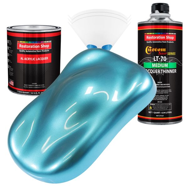 Azure Blue Metallic - Acrylic Lacquer Auto Paint - Complete Quart Paint Kit with Medium Thinner - Pro Automotive Car Truck Guitar Refinish Coating Fashion