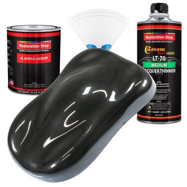 Black Metallic - Acrylic Lacquer Auto Paint - Complete Quart Paint Kit with Medium Thinner - Professional Automotive Car Truck Guitar Refinish Coating For Cheap